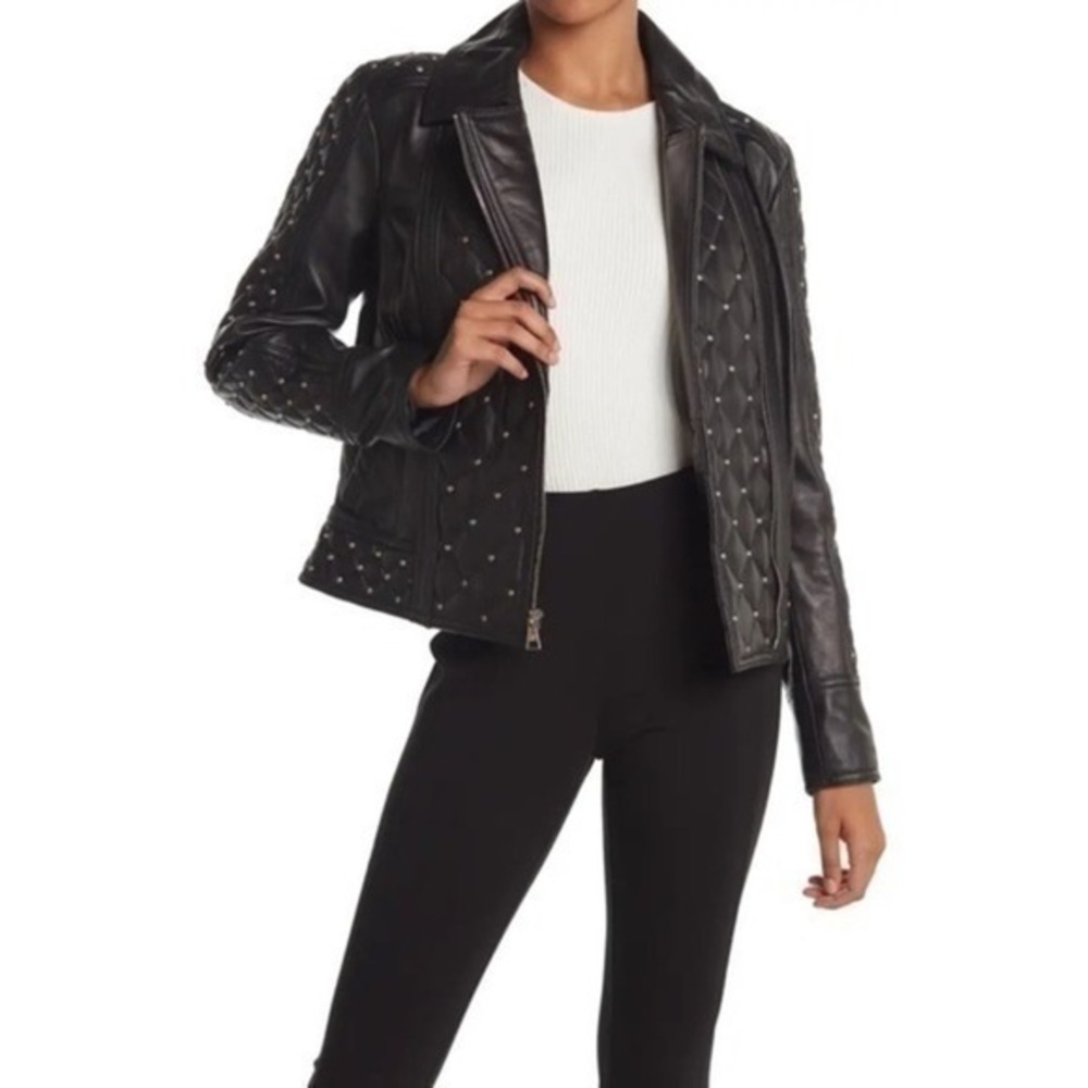 Karl Lagerfeld Studded Quilted Leather Crop Jacket in Black Size Small NWT